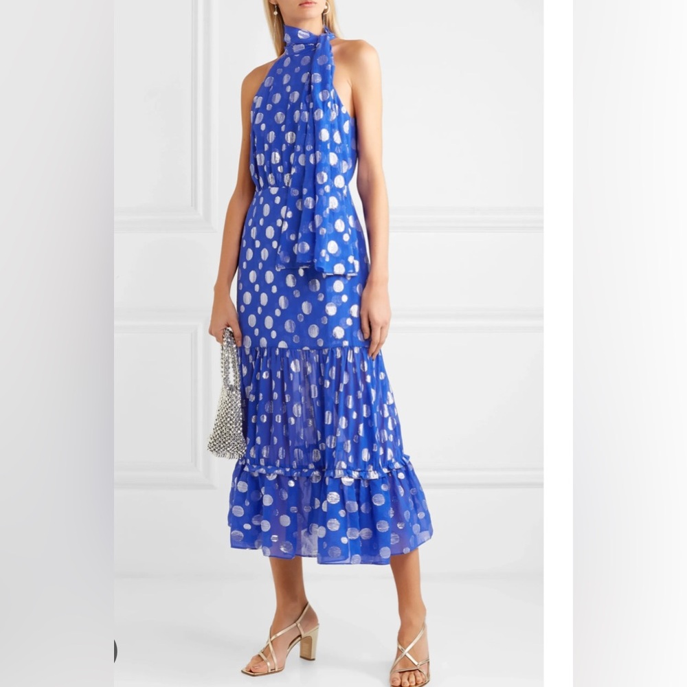 Rixo blue polka dot halter midi dress